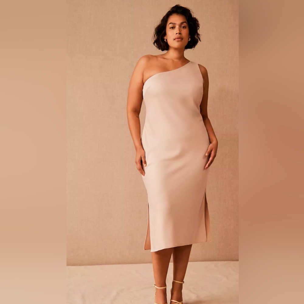 BHLDN Anthropologie, Size 12,‎ Audrie Satin Midi Dress, One Shoulder, Cream